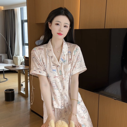 夏季氣質可愛休閒顯瘦睡衣女短袖長褲家居服套裝可外穿減齡