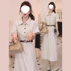 時尚連衣裙女2025夏季新款洋氣POLO領高腰收腰顯瘦中長款休閒裙子