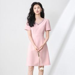 2506811-名媛重工V領鑲鑽短袖收腰連衣裙法式南油高品質女夏新款