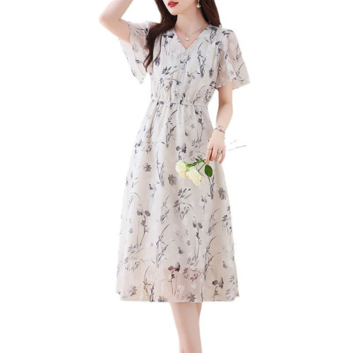 時尚印花法式V領連衣裙女2024夏季新款顯瘦荷葉袖媽媽雪紡裙子女