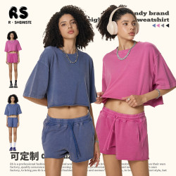 RS女裝|水洗短寬短袖辣妹TEE夏季280G純棉做舊短袖短褲套裝女