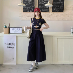 高腰寬松遮胯藏青色濶腿褲高級感氣質時尚洋氣顯瘦九分休閒褲女