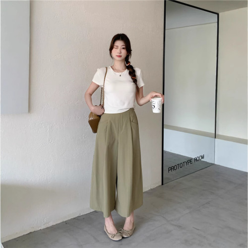 高腰寬松遮胯藏青色濶腿褲高級感氣質時尚洋氣顯瘦九分休閒褲女