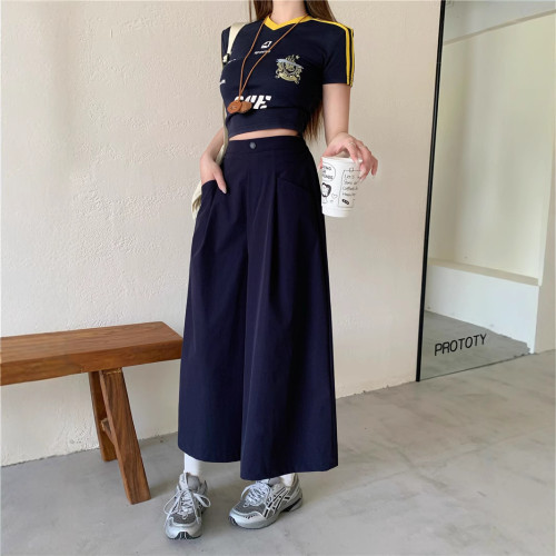 高腰寬松遮胯藏青色濶腿褲高級感氣質時尚洋氣顯瘦九分休閒褲女
