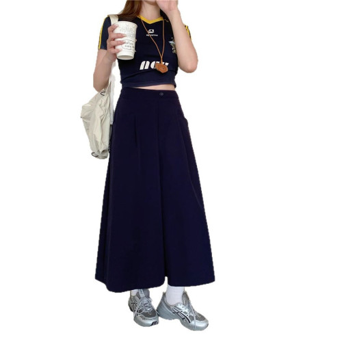 高腰寬松遮胯藏青色濶腿褲高級感氣質時尚洋氣顯瘦九分休閒褲女