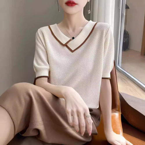 撞色薄款天絲t恤短袖針織衫顯瘦遮肉翻領夏季小個子女士寬松上衣