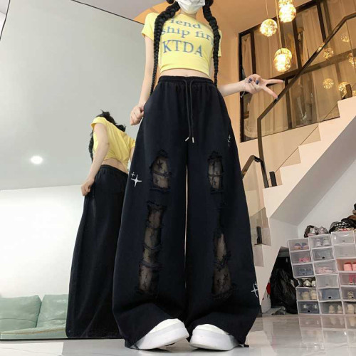 街舞潮牌貼布破洞牛仔褲女跳舞長褲設計感爵士辣妹休閒褲潮