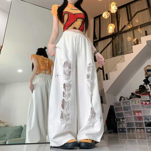 街舞潮牌貼布破洞牛仔褲女跳舞長褲設計感爵士辣妹休閒褲潮