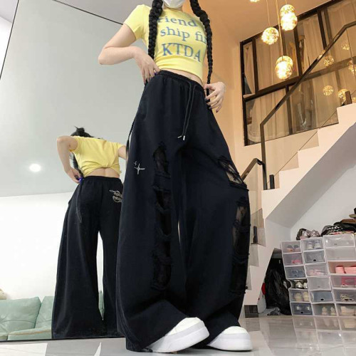 街舞潮牌貼布破洞牛仔褲女跳舞長褲設計感爵士辣妹休閒褲潮