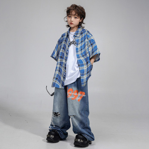 少兒街舞演出服男童嘻哈短袖女孩爵士舞牛仔褲兒童hiphop街舞潮服