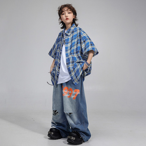 少兒街舞演出服男童嘻哈短袖女孩爵士舞牛仔褲兒童hiphop街舞潮服
