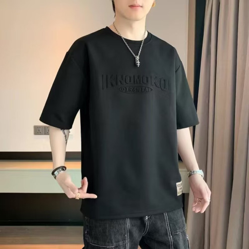 新款冰絲男士短袖t恤男夏季ins潮流寬松大碼半袖鋼印體恤衫男上衣