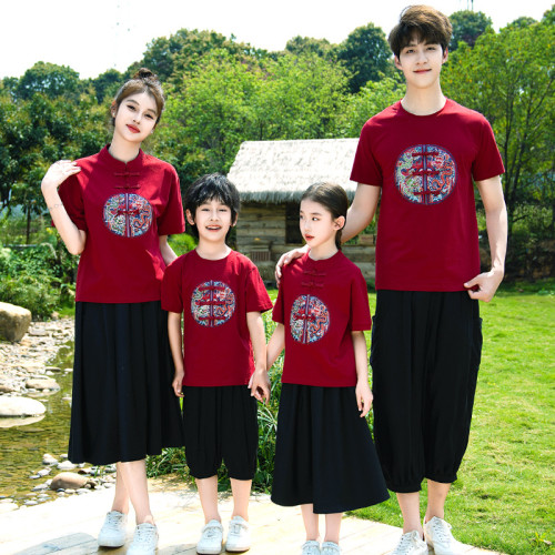2025親子裝夏裝立領國風短袖安卡拉紅母女裝一家三口國潮漢服家庭