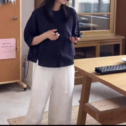 25058婕妤秀百搭時尚七分袖襯衫女夏季新款休閒寬松上衣薄款襯衣