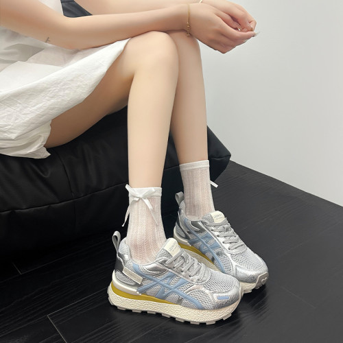 爆裂紋牛皮~真皮內增高德訓鞋女2025夏季新款網面透氣阿甘老爹鞋