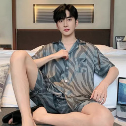 2024新款男款簡約冰絲睡衣家居服套裝A86652