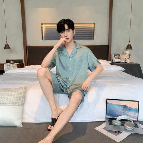 2024新款男款簡約冰絲睡衣家居服套裝A86652