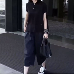 25065婕妤秀黑色Polo領短袖T恤女2025夏季新款時尚寬松休閒百搭顯