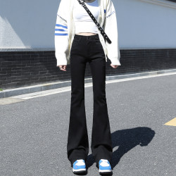 實拍微喇牛仔褲女2024春新款小個子美式馬蹄褲高腰顯瘦喇叭褲子