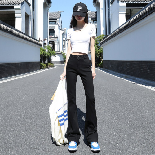 實拍微喇牛仔褲女2024春新款小個子美式馬蹄褲高腰顯瘦喇叭褲子
