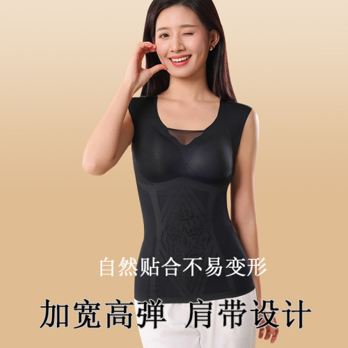 夏季薄款無痕時尚雕花美背女士背心網紗透氣自帶胸墊收腹塑身上衣