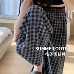 慵懶風復古格子濶腿褲夏季薄款高腰寬松百搭顯瘦休閒直筒垂感長褲
