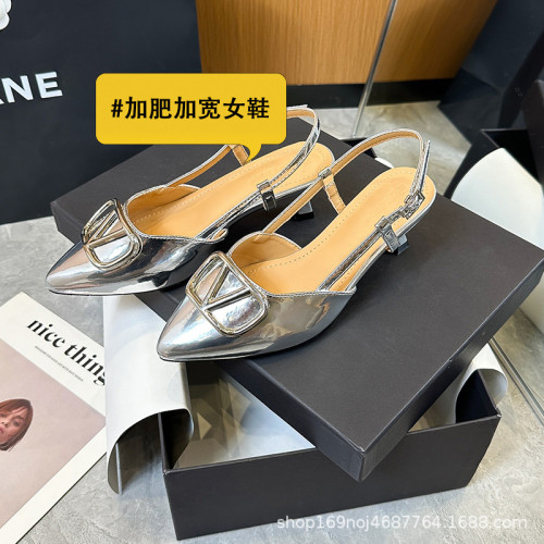 1225-6加寬加肥大碼女鞋V釦高跟鞋女夏季百搭氣質包頭後空女涼鞋