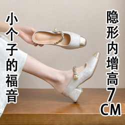 新中式國風旗袍風一腳蹬包頭半拖瑪麗珍方頭淺口單鞋女高跟涼鞋