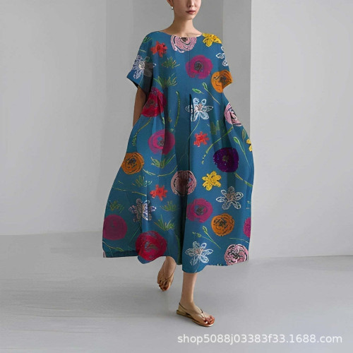 2025歐美獨立站大碼短袖連衣裙 個性花卉圖案印花休閒女裝連衣裙