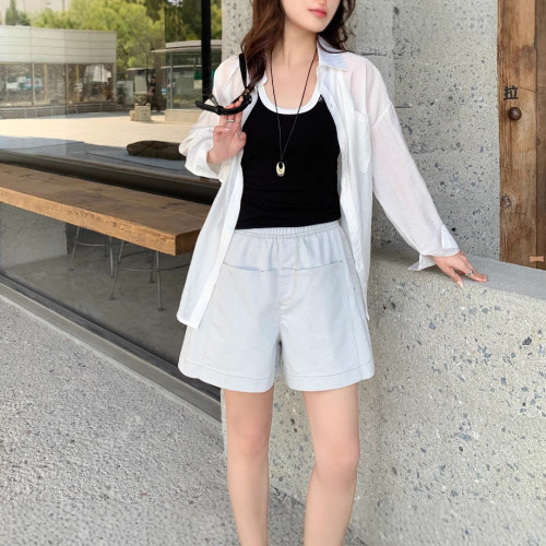 2025夏季韓風牛仔短褲女三分休閒A字寬松大口袋松緊腰白色褲子