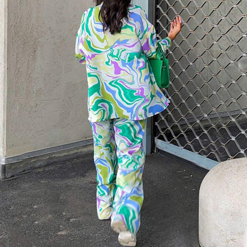2025新款歐美女裝街頭寬松印花襯衫長袖時尚休閒套裝女兩件套