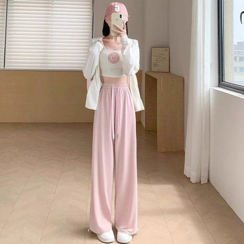 粉色冰絲防曬褲女夏季2025新款垂感高個子休閒濶腿防蚊束腳運動褲