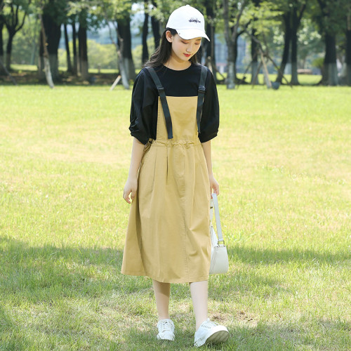新212106初中學生秋裝背帶裙套裝少女大童高中生夏裝連衣裙兩件套