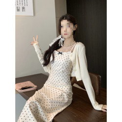 韓系蝴蝶結波點吊帶連衣裙女夏季2025新款氣質收腰小個子兩件套裝