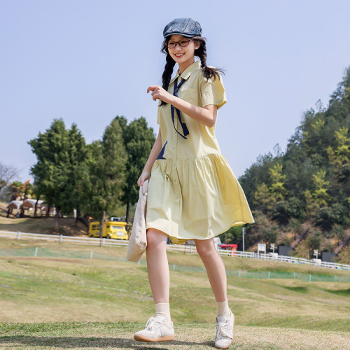連衣裙夏裝2025新款少女寬松洋氣卡通印花初高中生襯衫裙子25335