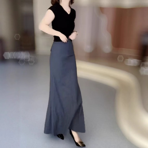 25067婕妤秀灰色半身裙女2025年夏季新款簡約氣質百搭魚尾長裙子