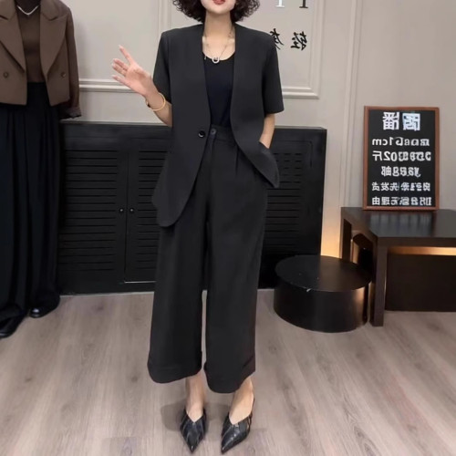2830大碼女裝薄款小西裝九分濶腿褲套裝胖mm小個子西服一整套