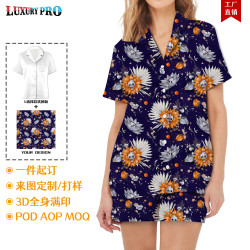 跨境歐美POD包條睡衣定制 3D數碼印花短袖短褲睡衣套裝襯衫色丁女