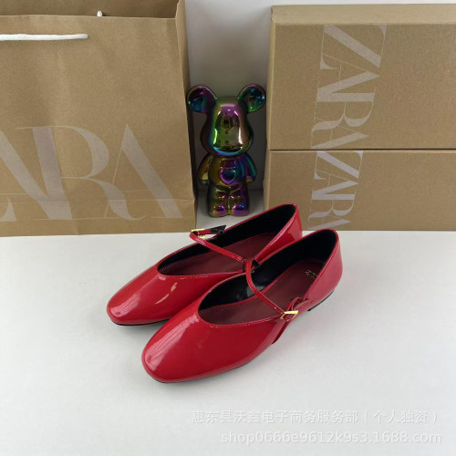 ZAR春季新品TRF女鞋紅色黑色瑪麗珍式平底芭蕾風鞋淺口一字釦單鞋