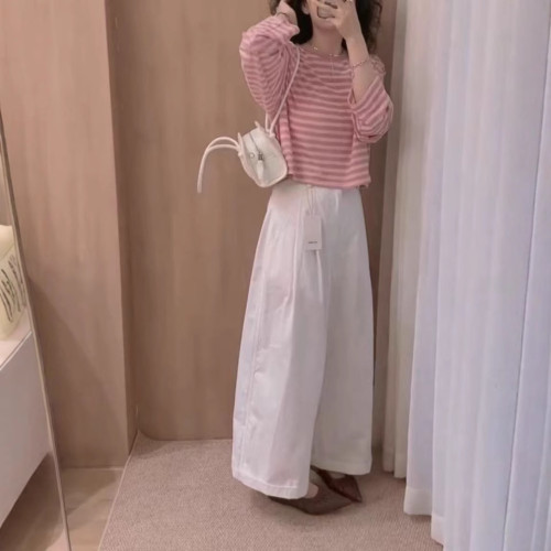 25350大愛美依緣2025夏季新款條紋長袖防曬T恤休閒濶腿褲減齡顯瘦