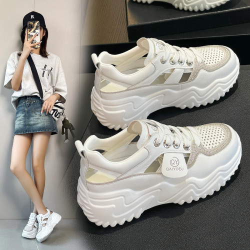 厚底包頭涼鞋女2025夏季新款真皮鏤空百搭休閒運動增高透氣老爹鞋