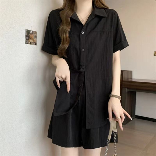 夏季辣妹百搭減齡休閒時尚別致短袖襯衫女輕松洋氣短褲上衣兩件套