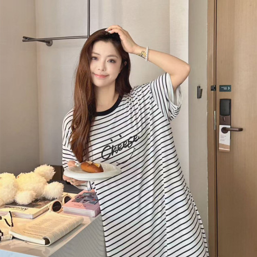 棉蘇蘇新款夏日微涼條紋裙莫代爾中長款寬松圓領顯瘦慵懶休閒睡裙