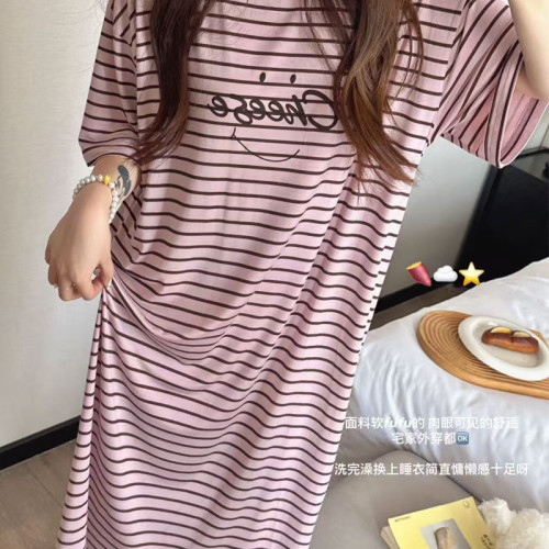 棉蘇蘇新款夏日微涼條紋裙莫代爾中長款寬松圓領顯瘦慵懶休閒睡裙