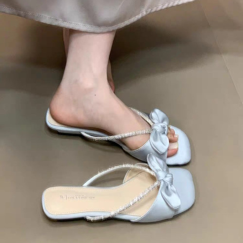 2025夏季新款涼拖鞋女外穿法式蝴蝶結水鑽帶甜美仙女風方頭一字拖