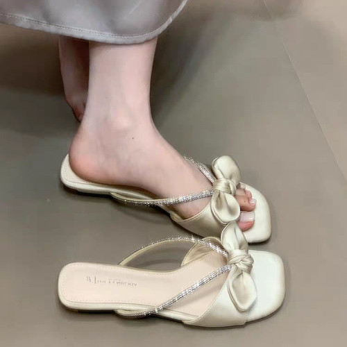 2025夏季新款涼拖鞋女外穿法式蝴蝶結水鑽帶甜美仙女風方頭一字拖