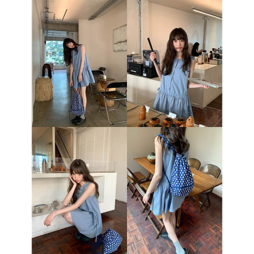 抽繩腰背心裙圓領娃娃裙女夏季新款設計感寬松a字連衣裙