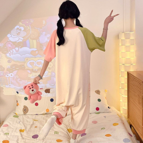 女士短袖連體睡衣夏純棉薄款2025新款青少年女孩中大童女生家居服