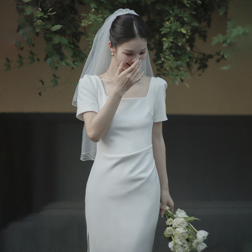 晚禮服2025新款法式方領短袖修身彈力長款領証訂婚小禮服連衣裙女
