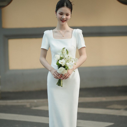 晚禮服2025新款法式方領短袖修身彈力長款領証訂婚小禮服連衣裙女